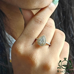 Pear-Shaped Double Halo Moissanite Engagement Ring, Cluster Teardrop Ring in Solid Silver or Yellow Gold, Anniversary Statement Bridal Ring