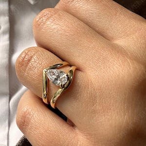 2CT Pear Moissanite Bypass Ring, Unique Solitaire Engagement Ring, 14K Yellow Gold, Proposal Ring, Modern Wedding Promise Ring Gift for Her