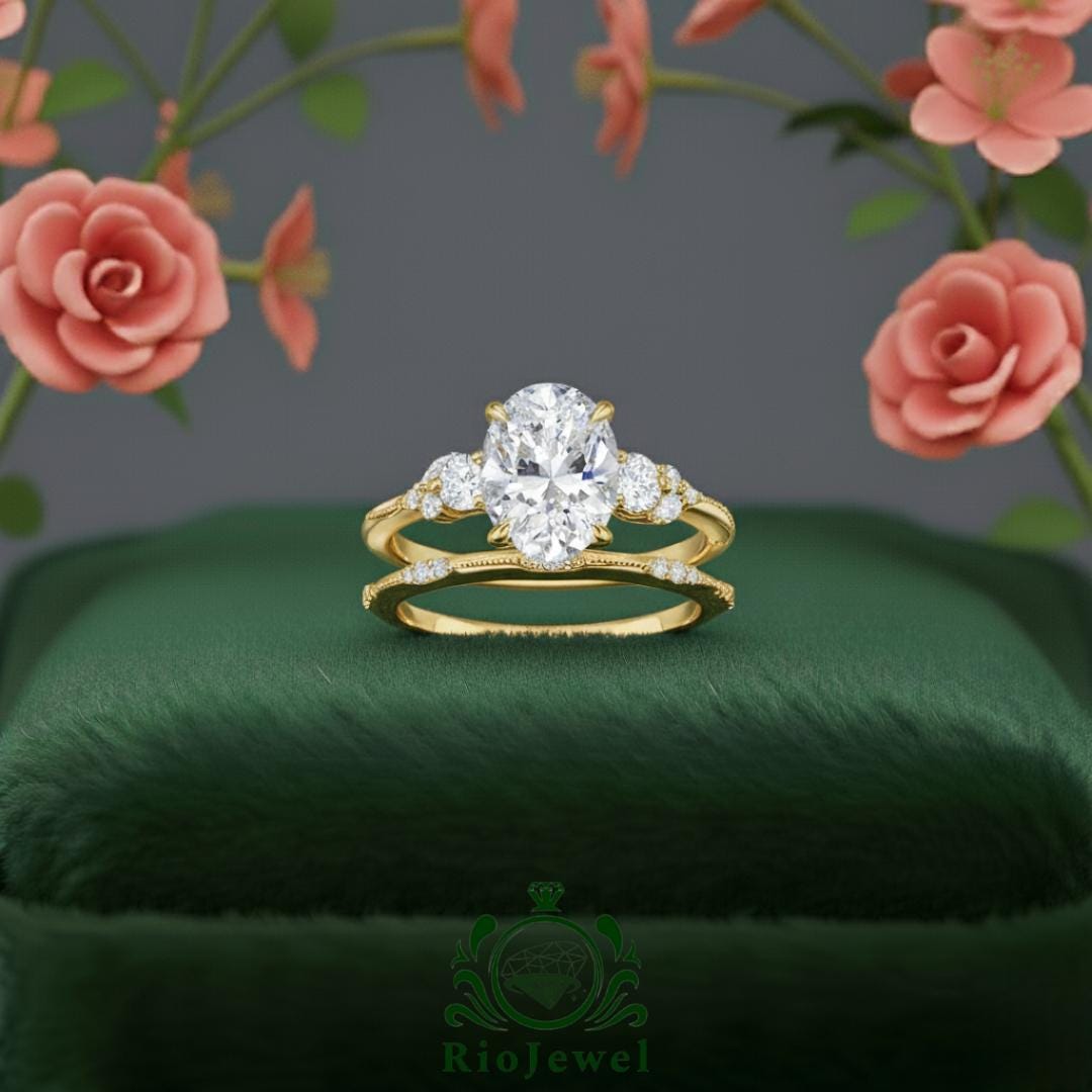 Oval Moissanite Engagement Ring Set | Solid Gold Bridal Wedding Rings ...