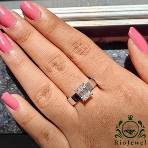 Handmade Emerald Cut Moissanite Solitaire Ring: Gold/Silver Engagement Band