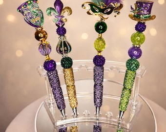 Mardi Gras Beaded Pen II, Mask & Fleur de Lis, Sparkle Writing Pen