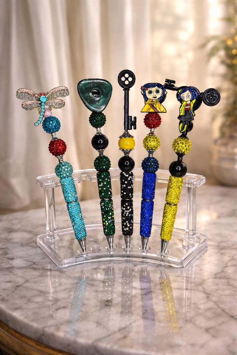 Beaded Coraline-Inspired Pen, Elegant Handmade Writer Gift, Lux afbeelding 1