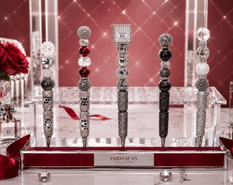 Bolígrafos Signature Sparkle de lujo con diamantes de imitación y cuentas plateadas brillantes