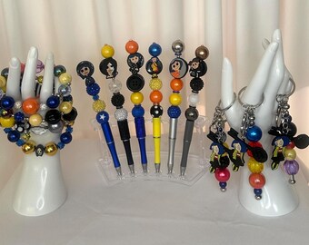 Whimsical Button-Eyed Beaded Pen (s), Bracelet (s) and Keychains Sets