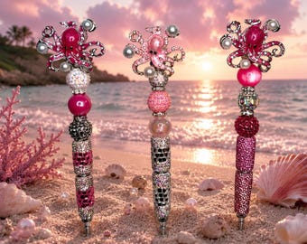 Pink Octopus Beaded Pen: Handcrafted Rhinestone Pearl Ocean Writing Accessory