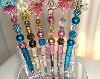 Pink, Turquoise Aqua Fairy and Carriage  Beaded Pen Set: Whimsical Glitter Pens