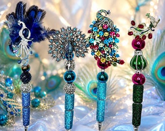 Pluma elegante hecha a mano con cuentas de diamantes de imitación y diamantes de imitación, ideal como regalo.