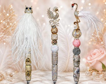 Bolígrafos de lujo hechos a mano con cuentas de pájaros, búho, fénix y cigüeña con diamantes de imitación, regalo para mujer con temática de bosque.