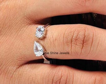 1.10 TCW Oval & Pear Lab Diamond Toi Et Moi Ring | Two Stone Engagement Ring | Unique Lab Diamond Bypass Ring | 14K Gold Anniversary Ring