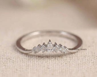 Pear Cut Lab Grown Diamond Curved Wedding Band | V Shaped Chevron Half Eternity Band | Prong Set Diamond Stacking Band | Anniversary Gift
