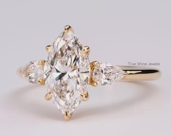 Marquise Cut Lab Diamant Drei-Steine-Ring | Seitlicher Tropfen Diamant-Trilogie Ring | Konfliktfreier Diamant-Ehering | Jahrestag Geschenk Ring