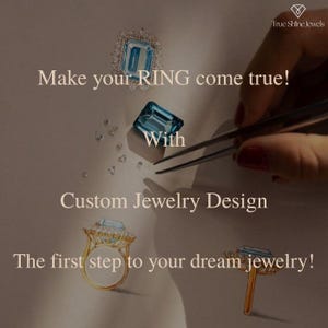 May include: An advertisement for custom jewelry design. The image features a hand holding tweezers, illustrations of rings, and gemstones. Text includes "Make your RING come true!" and "Custom Jewelry Design."