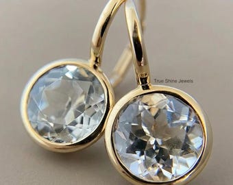 Round Brilliant Cut Lab Diamond Bezel Set Drop Earrings | 14K Yellow Gold Lever Back Earrings | Conflict Free Diamond Wedding Dangle Earring