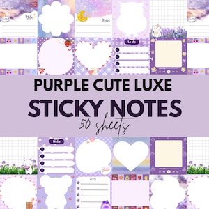 Puede incluir: Notas adhesivas moradas y blancas con varias formas y diseños, incluyendo un corazón y un búho. El texto "PURPLE CUTE LUXE STICKY NOTES 50 sheets" se muestra en el centro de la imagen.