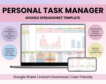 Hoja de cálculo del Administrador de tareas: Lista de tareas de Google Sheets, Matriz de Eisenhower, Tablero Kanban, Calendario (Descarga digital)