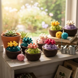 Könnte beinhalten: Eine Sammlung handgefertigter gehäkelter Kakteen in kleinen braunen Körben. Die Kakteen sind in verschiedenen Farben gehalten, darunter Türkis, Grün, Rosa und Lila, mit gelben, weißen und roten Blütenakzenten. Ein Terrakottatopf mit einer Sukkulente und eine kleine Gießkanne sind ebenfalls zu sehen.