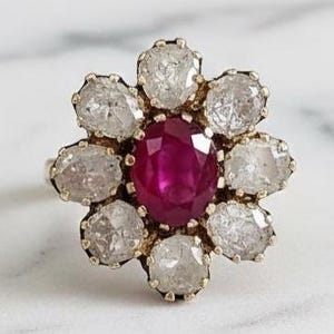 Rosecut Diamond Polki & Ruby Sterling Silver 925 Earrings, Vintage Handmade Jewelry, Floral Antique Ring, Victorian Ring For Her