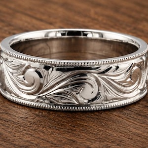 Alianza de boda occidental de plata grabada a mano, 8 mm, grabado gratuito, envío gratuito.
