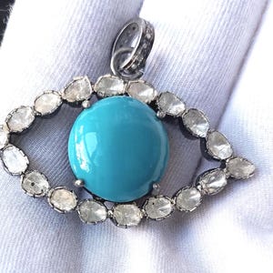 Handmade Turquoise Evil Eye Pendant with Natural Diamond And Polki 925 Sterling Silver, Antique Pendant For Her, Unique  Pendent For Him