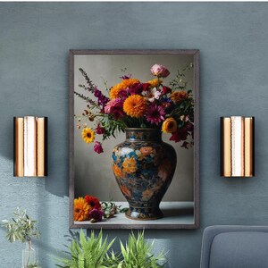 Abstract Floral Vase Wall Art, Vintage Style Digital Bouquet, AI Artwork Download