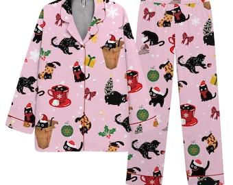 Pyjama Femme à Manches Longues Hiver - Ensemble Coton Haut Imprimé Chat Et Pantalon à Pois, Doux Et Chaud 2 Pièces