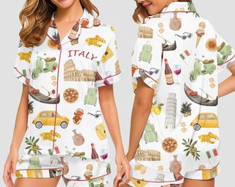 Italy Travel Pajama Set for Women, Italian Food Print PJs, Cozy Lounge Sleepwear Gift