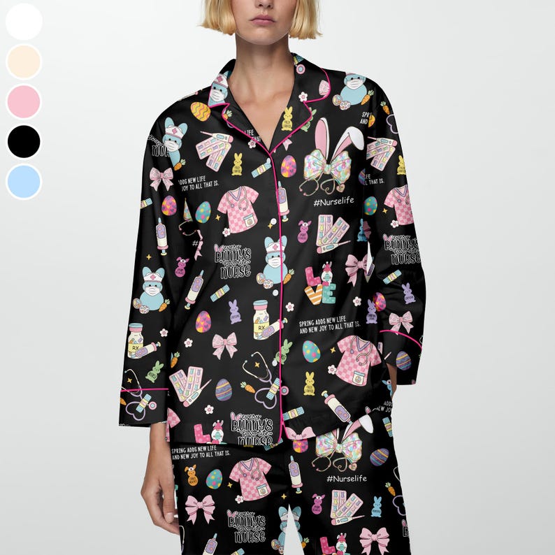 May include: Black pajama set with a repeating pattern of Easter bunnies wearing masks, medical supplies, and text. The pajamas have pink trim and the text "#Nurselife" is visible.