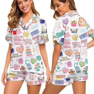 Book Lover Pajama Set, Bookish Print Long Sleeve Sleepwear for Readers