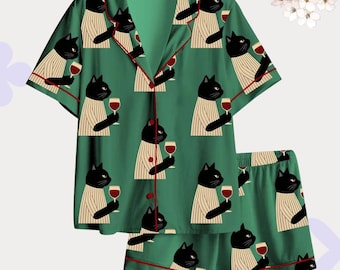 Black Cat Wine Pajama Set – Funny Cat Lover Cocktail Print Sleepwear