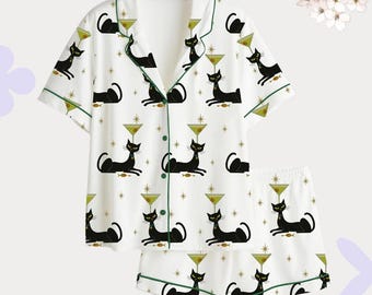Schwarze Katze Print Satin Pyjama Set, Kurzarm-Nachtwäsche, Retro Cat Lounge Set, süße Pyjama Shorts Set, Geschenk für Katzenliebhaber