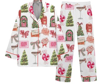 Christmas Pajama Set for Women, Holiday Candy Cane Print Sleepwear