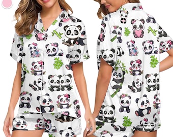 Cute Panda Pajama Set for Women, Pink Satin Sleepwear, Kawaii Animal Print PJs, Summer Loungewear Gift