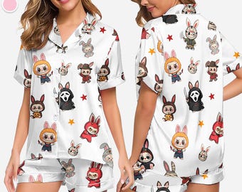 Pigiama in raso con coniglietto horror kawaii, pigiama da notte spettrale di Halloween per donna