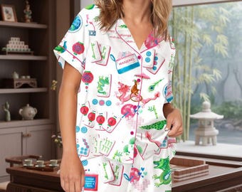 Mahjong Print Pajama Set – Chinoiserie Tile Pattern Women’s Sleepwear