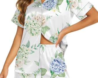 Floral Pajama Set for Women, Blue Hydrangea Print Sleepwear, Soft Long Sleeve Loungewear