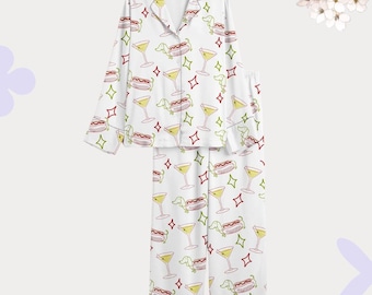 Rolig pyjamas med varmkorv och tax, nattkläder med martiniglastryck, pyjamas med hundmönster för kvinnor, mjukt loungeset