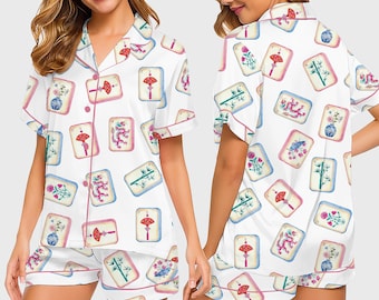Conjunto de pijama para mujer con estampado de mahjong - Regalo para amantes del mahjong
