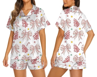 Pijama navideño con estampado de bastón de caramelo: ropa de estar por casa navideña de satén