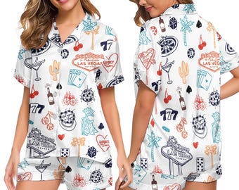 Women's Casino Pajama Set – Lucky Vegas Satin Sleepwear, 777 Dice PJs