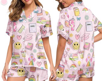 Butterfly & Moon Satin Pajamas for Women, Pastel Y2K Sleepwear Set