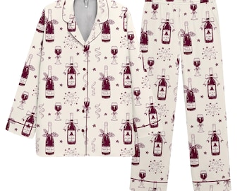 Champagne Print Pajama Set for Women, Wine Bottle PJs, Celebration Party Sleepwear