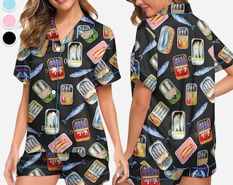 Retro Sardine Pajama Set – Canned Fish Print Satin Sleepwear for Women, Funny Foodie PJs, Vintage Ocean Lover Gift