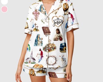 Chrześcijański komplet piżamowy dla kobiet, satynowa bielizna nocna inspirowana wiarą, prezent religijny, piżama z nadrukiem wersetów biblijnych