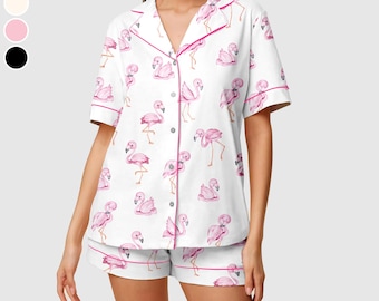 Roze flamingopyjamaset – schattige satijnen nachtkleding met aquarel vogelprint voor dames, tropische zomerpyjama's