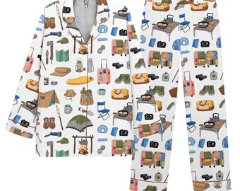 女性用キャンプパジャマセット、アウトドアアドベンチャープリントボタンアップスリープウェア