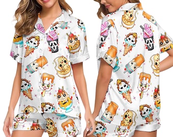 Ensemble de pyjama d'Halloween en satin, vêtements de nuit effrayants à imprimé dessert, pyjamas fantômes et bonbons pour femme