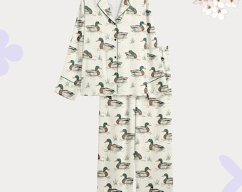 Duck Print Satin Pajama Set, Short Sleeve Button Up Lounge Set, Silky Sleepwear Gift for Her, Summer PJs