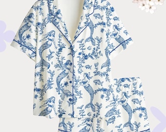 Mermaid Pajama Set – Blue Toile de Jouy Sleepwear – Unique Birthday Gift for Her