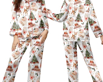 Santa & Reindeer Christmas Pajamas for Women, Festive Holiday Sleepwear