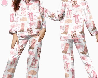 Pink Western Cowgirl Pajama Set – Cute Cowboy Boot & Hat Print Satin Sleepwear, Girly Rodeo Lounge Set for Women